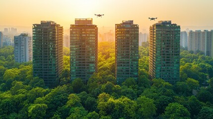 Obraz premium Aerial View of Modern Buildings Surrounded by Lush Green Trees