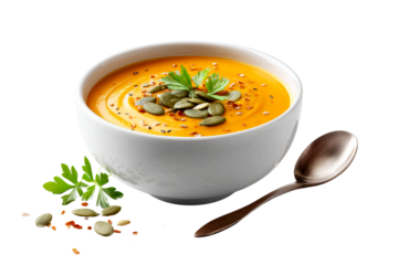 Delicious bowl of pumpkin soup with toppings
