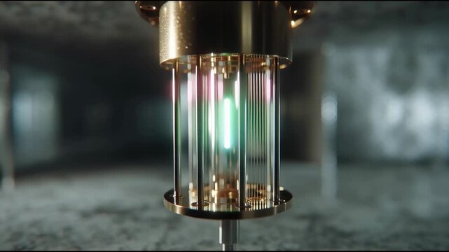 Glowing Quantum Computer Displayed Inside a Futuristic Glass Chamber