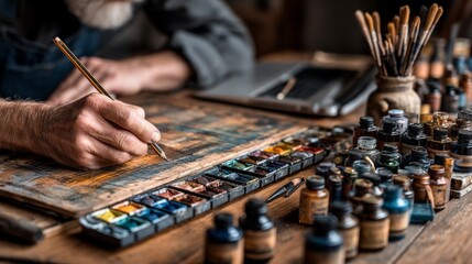 Artists hands meticulously painting a colorful watercolor artwork with a palette of vibrant colors and various brushes nearby