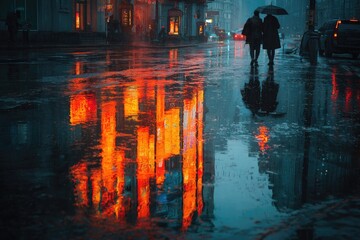 Rainy night street reflection, couple walking