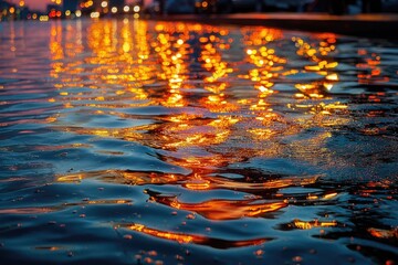 Rippled water reflects warm city lights at dusk