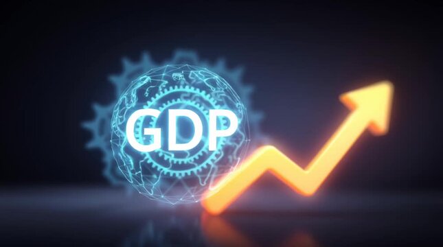 Global business market success fueled by optimistic GDP economic growth. glowing finance arrow shows progress, driven by future technology