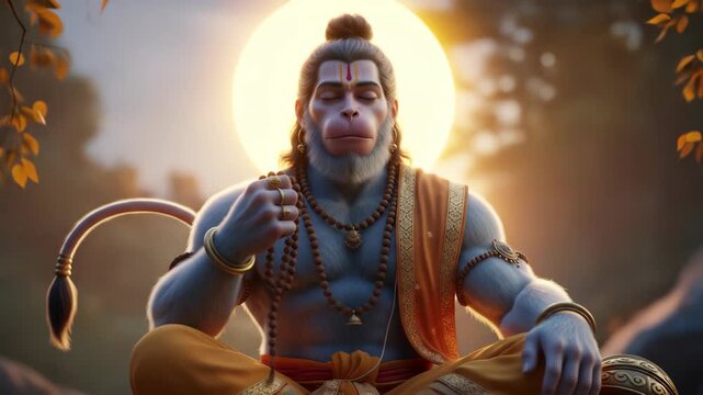 Serene Hanuman in Meditation 3D Render of Hindu Deity in Peaceful Pose, Golden Hour Lighting, Spiritual Art for Religious, Cultural, and Spiritual Designs