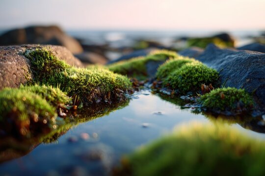 Close-up of mossy rocks by the sea