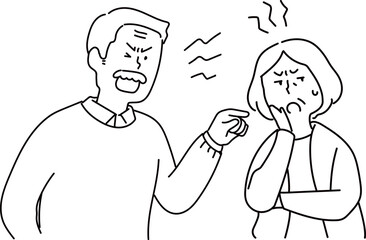 怒りながらクレームを入れるおじさんとおばさん_線画