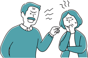 怒りながらクレームを入れるおじさんとおばさん_単色