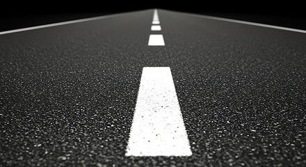 Perspective view of a dark asphalt road with a bright white dashed line receding into the distance under a black sky