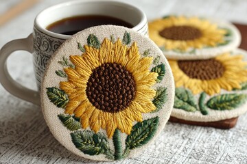 Embroidered sunflower coasters beside a coffee mug