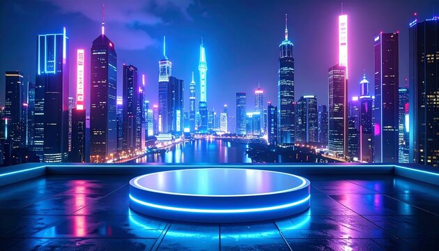 Futuristic city at night with neon-lit circular platform.