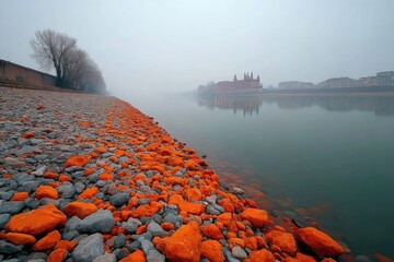 Foggy riverbank, orange and grey stones, distant buildings
