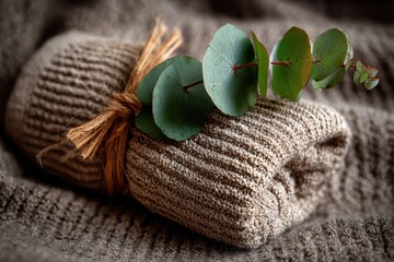 Rolled fabric tied with twine and eucalyptus sprig