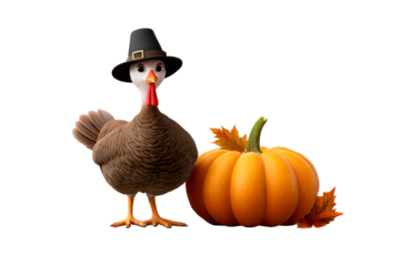 Turkey wearing a hat next to a pumpkin