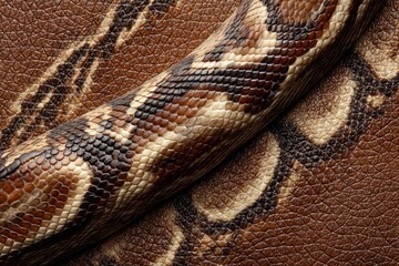 Obraz premium Close-up of a snake's skin, exhibiting intricate scales and patterns against a similar leather texture