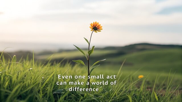 Solitary Orange Flower with Inspirational Quote in a Grassy Field.