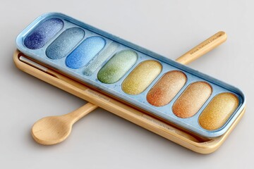 Colorful, granulated substance in a rectangular tray with a wooden spoon