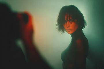 A woman with short dark hair and a turtleneck shirt looks into the camera with dramatic lighting