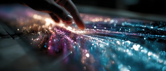 A finger touches a stream of glowing fiber optic lights with a bokeh effect