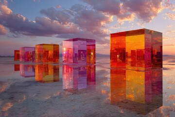 Colorful glass cubes reflect in a calm, sunset-lit expanse of water