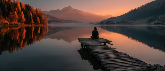 Serene sunrise over a calm lake with a person meditating on a wooden pier