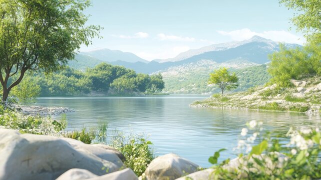 Serene lakeside vista with distant mountains and lush greenery on a sunny day
