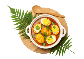 Egg Curry in White Bowl Traditional Indian egg curry garnished with herb
