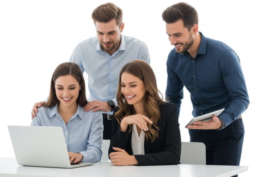 Collaborative Teamwork – Professionals Engaged Around Laptop on White Background