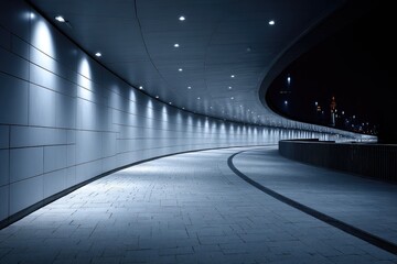 Nighttime view of a curved, lit pedestrian walkway