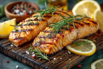 Grilled salmon fillets on wooden board with lemon and herbs
