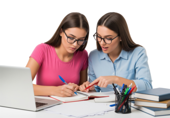 Focused Study Session – Collaborative Learning with Books and Laptop on White Background