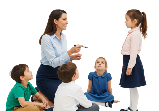 Early Childhood Education – Teacher Engaging with Young Students on White Background
