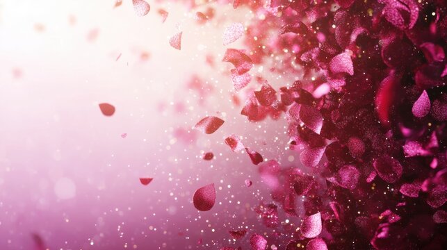 Ethereal cascade of shimmering rose petals and golden bokeh against a soft pink gradient background