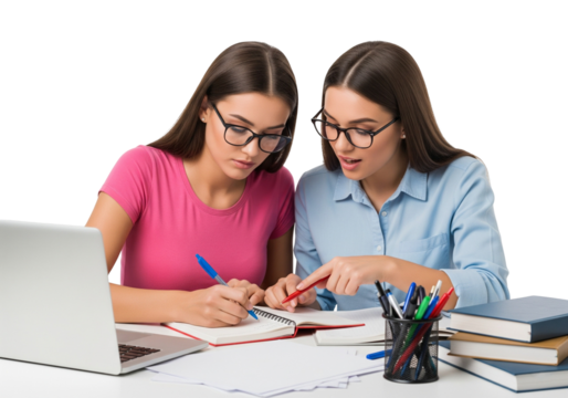 Focused Study Session – Collaborative Learning with Books and Laptop on White Background