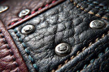Close-up of textured leather patchwork with metallic accents and stitching