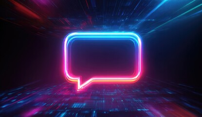 Neon speech bubble graphic in a dark, digital space