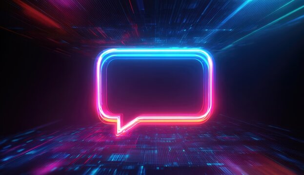 Neon speech bubble graphic in a dark, digital space