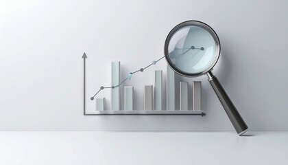 3D bar chart with line graph and magnifying glass, symbolizing data analysis and scrutiny.
