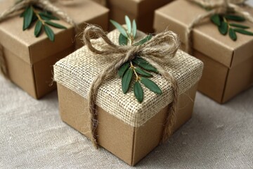 Small square gift boxes with burlap tops, tied with twine and adorned with green leaves