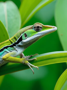 Closeup of a Anolis roquet reptile on a green leaf with blurred background