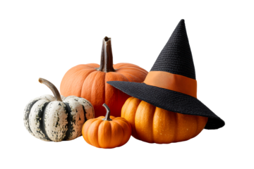 Bright pumpkins with witch hat for Halloween decor