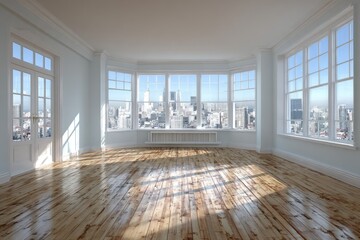 Sunlit empty room with city view, hardwood floors, and large windows