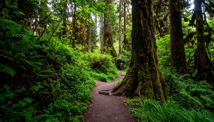 Obraz premium Lush forest path winding through a dense canopy