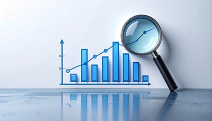 3D bar chart with line graph and magnifying glass, symbolizing data analysis and scrutiny.