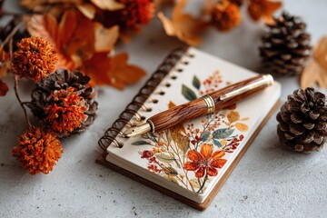 Autumnal still life with a fountain pen resting on a floral notebook