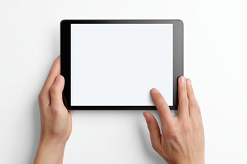 Hands hold tablet computer with blank screen