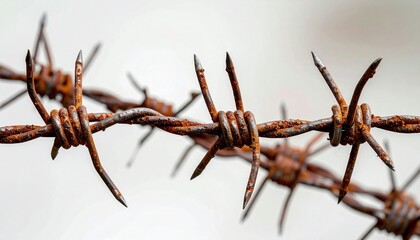 Rusty barbed wire close-up on white background, sharp and aged with symbolic tension.