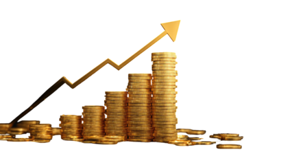 Gold coins stacked in a graph, showing upward trend