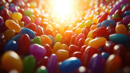 Vibrant jelly bean cascade a colorful confectionery landscape bathed in golden light