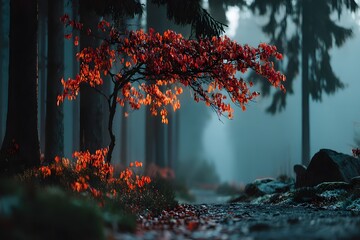 Autumn Tranquility in Misty Forest: Serene Path with Vibrant Red Leaves