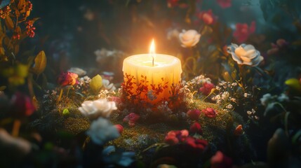 Glowing candlelight amidst a floral meadow, soft focus, warm light, and dreamy atmosphere